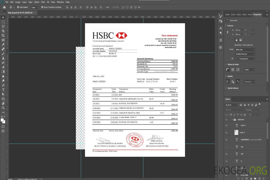 Modèle de relevé bancaire France HSBC au format de fichier .xls et .pdf template